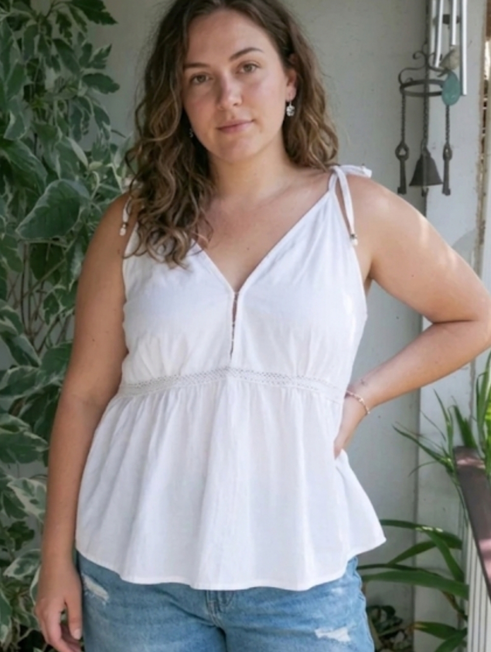 New White Bohemian Baby Doll Top Sz L